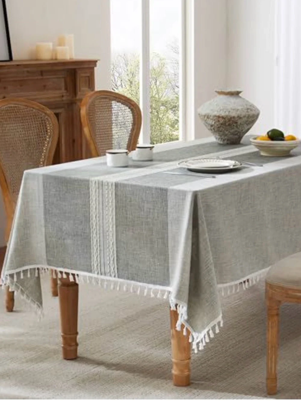 Gray and White Tassel Tablecloth - Home Dining